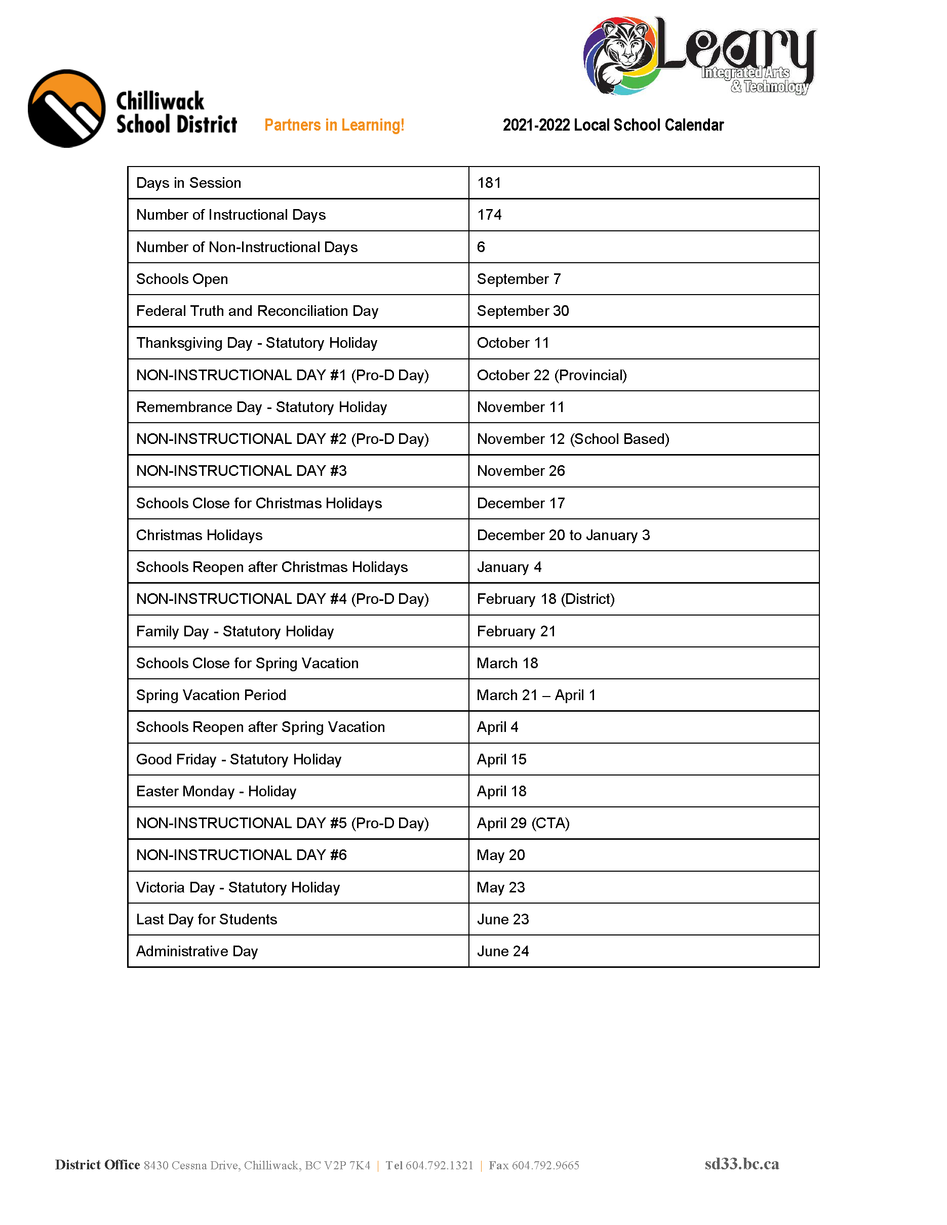 2021-2022 Local School Calendar